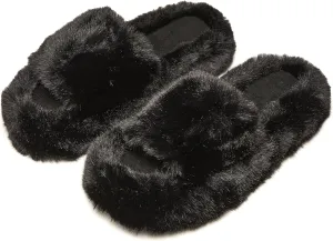 Funky Junque Women's Faux Fur Memory Foam Open Toe Slippers - Mother's Day Gift - with Non Slip Sole