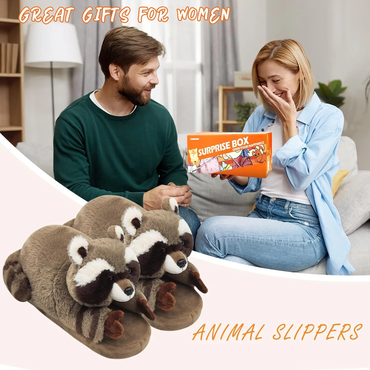 Funny Animal Slippers for Women, Cartoon Cute Fluffy Animal Slippers Cotton Soft Memory Foam Indoor Slippers,Birthday Gifts for Women