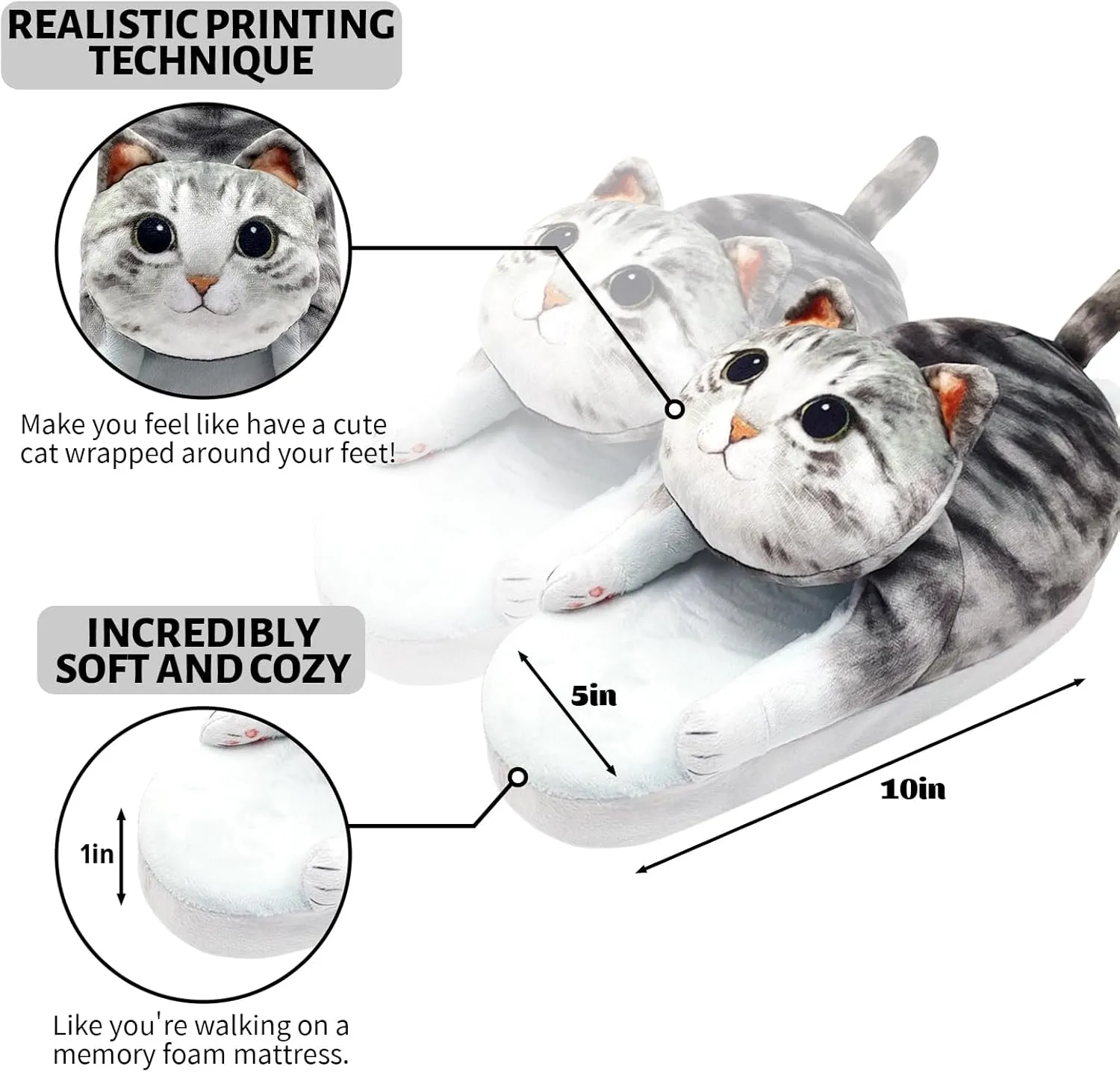 Funny Fuzzy Cat Slippers for Women - Fluffy House Shoes, Cute Animal Slippers for Indoor & Outdoor, Soft Non-Slip, Cat Gifts for Lovers, Christmas Gifts for Girls/Mom/Men