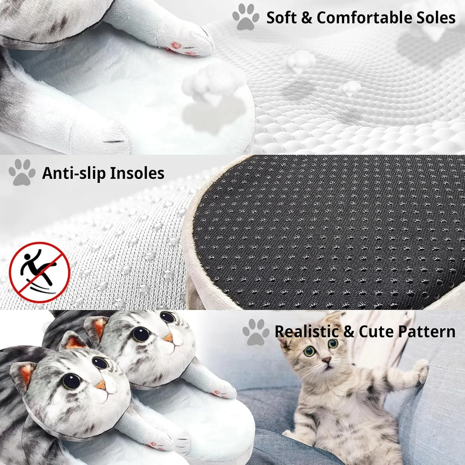 Funny Fuzzy Cat Slippers for Women - Fluffy House Shoes, Cute Animal Slippers for Indoor & Outdoor, Soft Non-Slip, Cat Gifts for Lovers, Christmas Gifts for Girls/Mom/Men