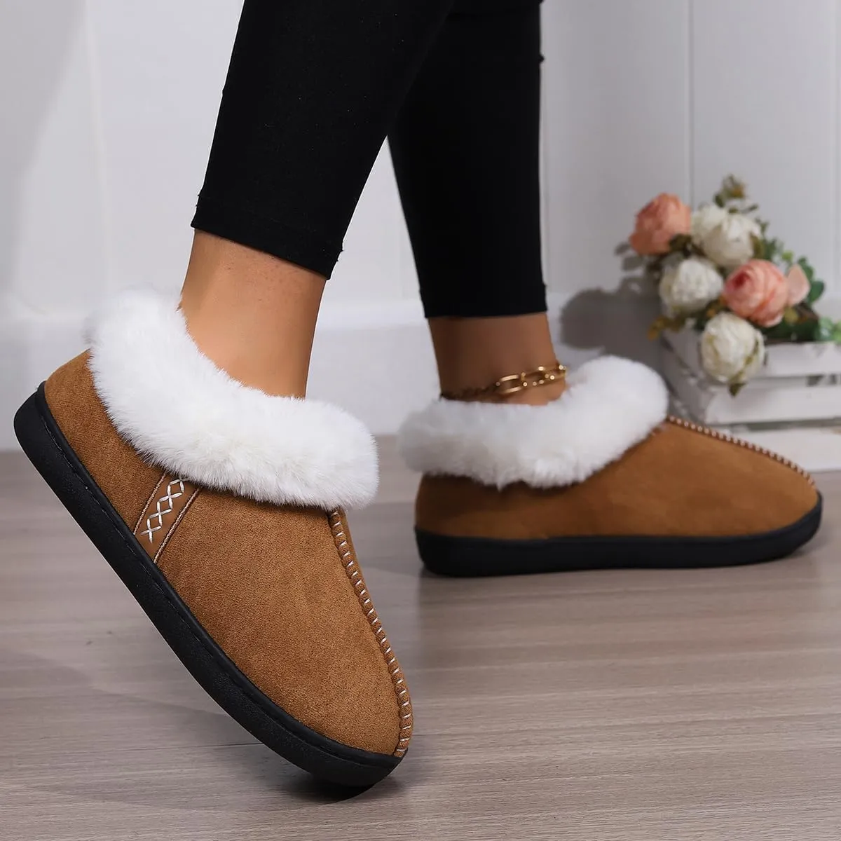 Fuzzy House Slippers for Women & Men - Memory Foam, Non-Slip, Warm Indoor/Outdoor Shoes
