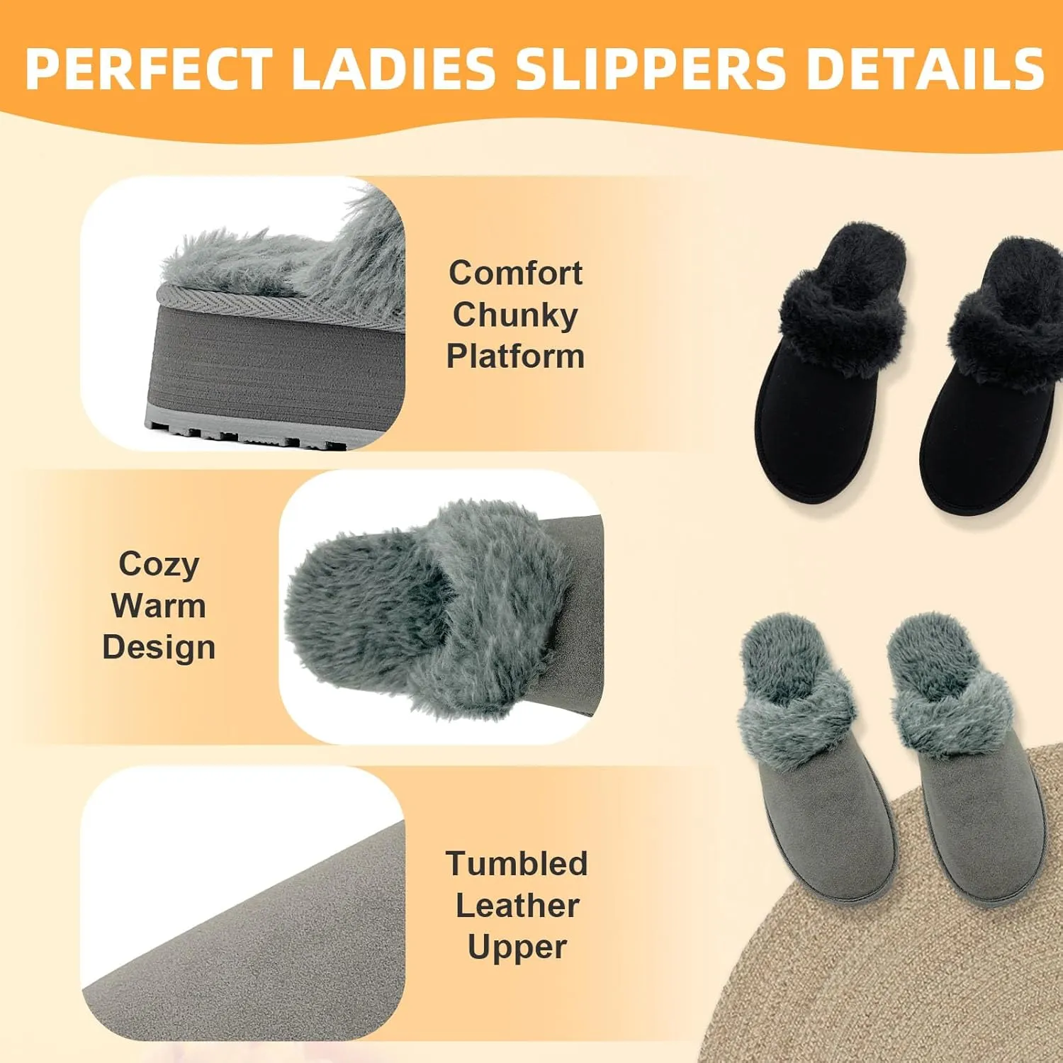 Fuzzy House Slippers for Women Indoor Outdoor Mens Ladies Platform Memory Foam Comfy House Shoes Fluffy Warm Cozy Bedroom Clogs