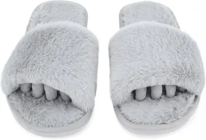 Fuzzy House Slippers for Women - Soft & Comfortable Womens Slippers with Open Toe Separators - Cute All Day Wear Casual Slip on Ladies Footwear for Indoor & Outdoor Steel Gray, 9