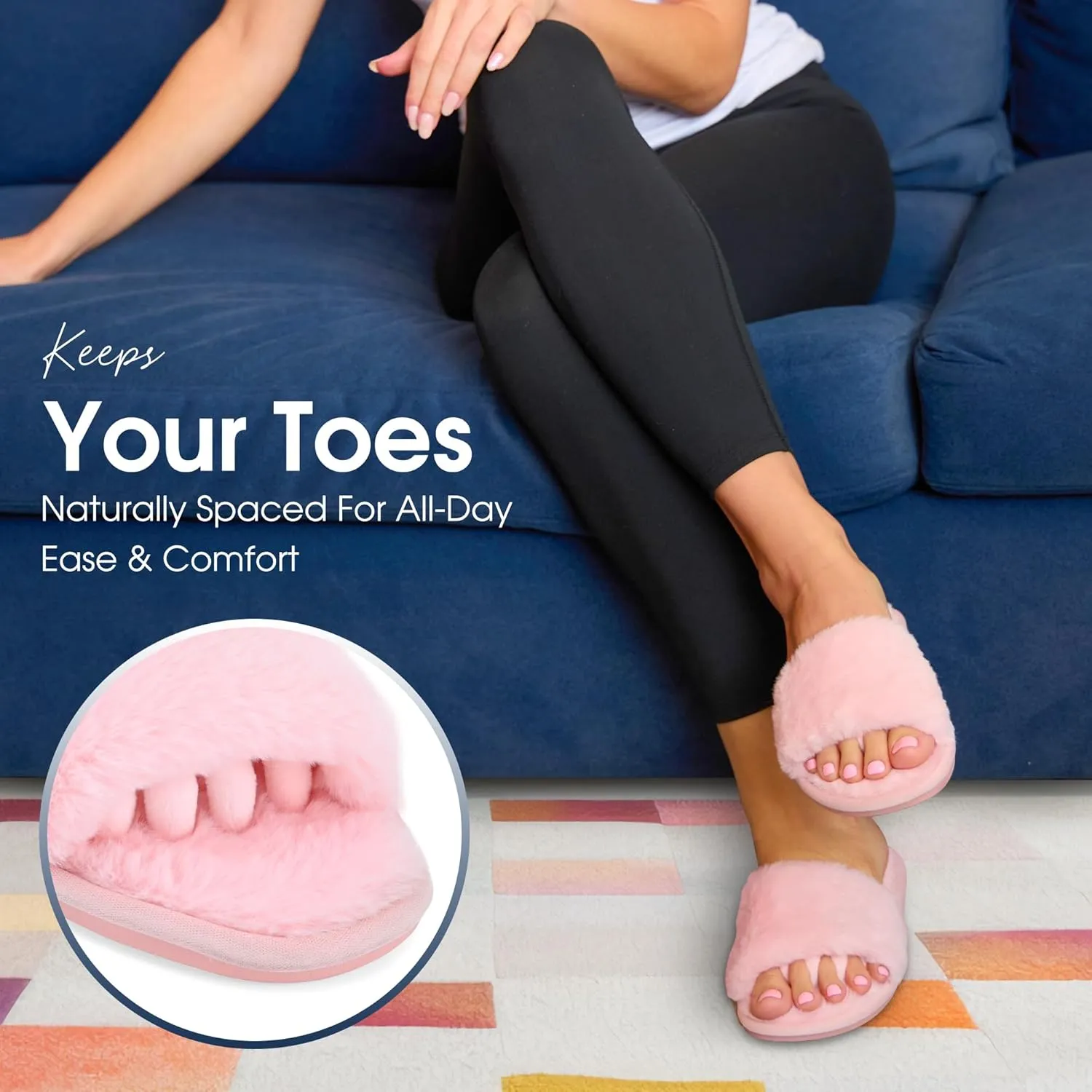 Fuzzy House Slippers for Women - Soft & Comfortable Womens Slippers with Open Toe Separators - Cute All Day Wear Casual Slip on Ladies Footwear for Indoor & Outdoor