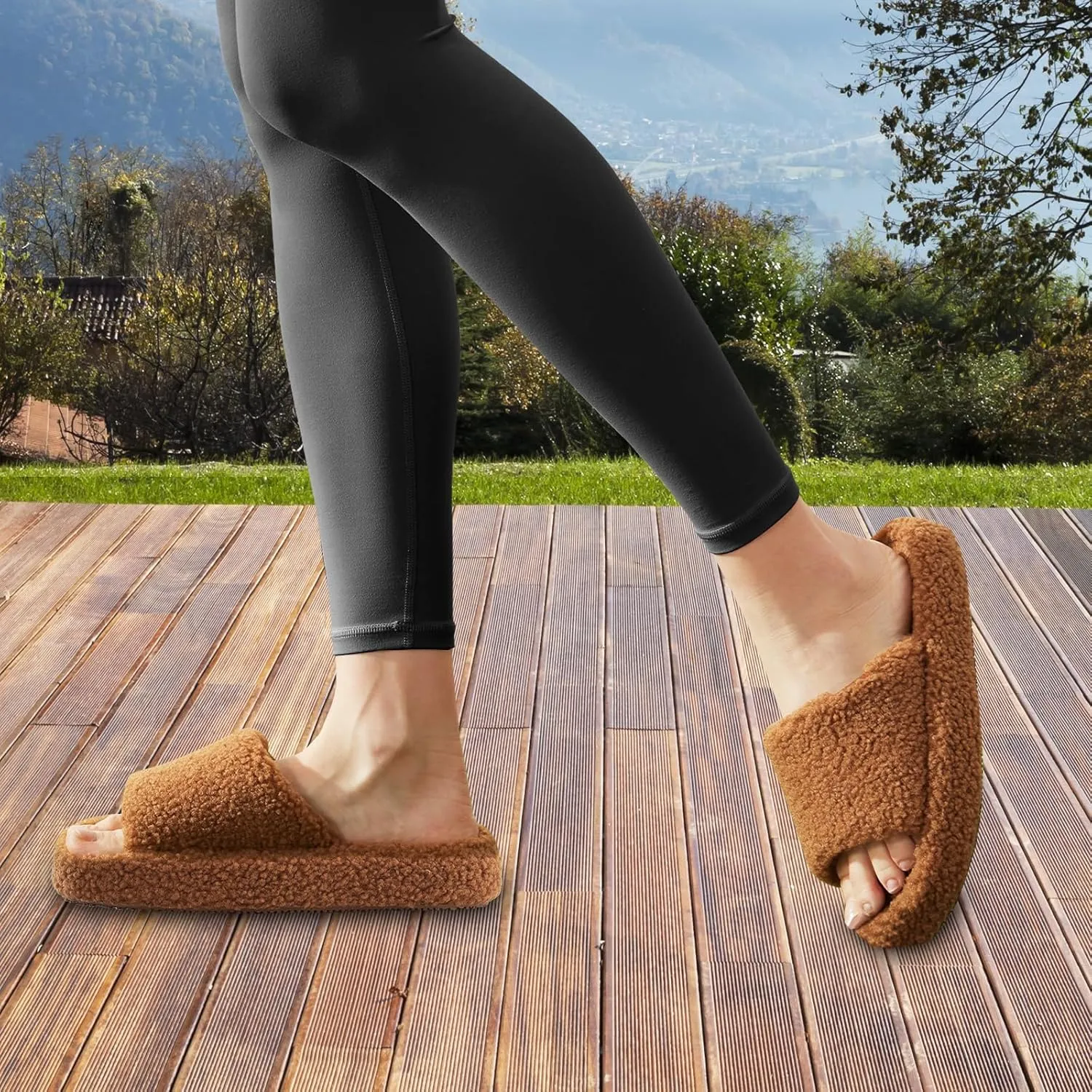 Fuzzy Memory Foam Slippers for Women, Fluffy Open Toe Comfy Soft Non-Slip House Shoes Indoor & Outdoor, Trendy Gift Slippers