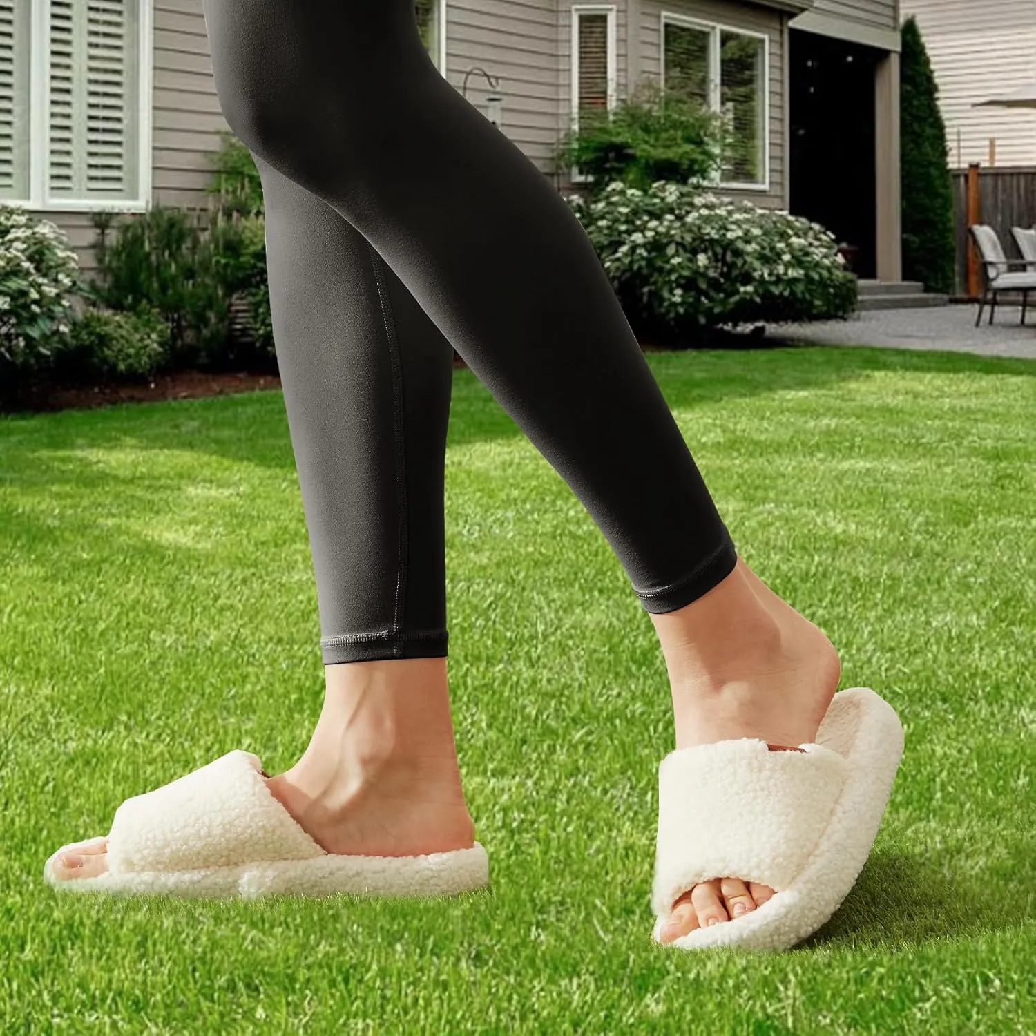 Fuzzy Memory Foam Slippers for Women, Fluffy Open Toe Comfy Soft Non-Slip House Shoes Indoor & Outdoor, Trendy Gift Slippers