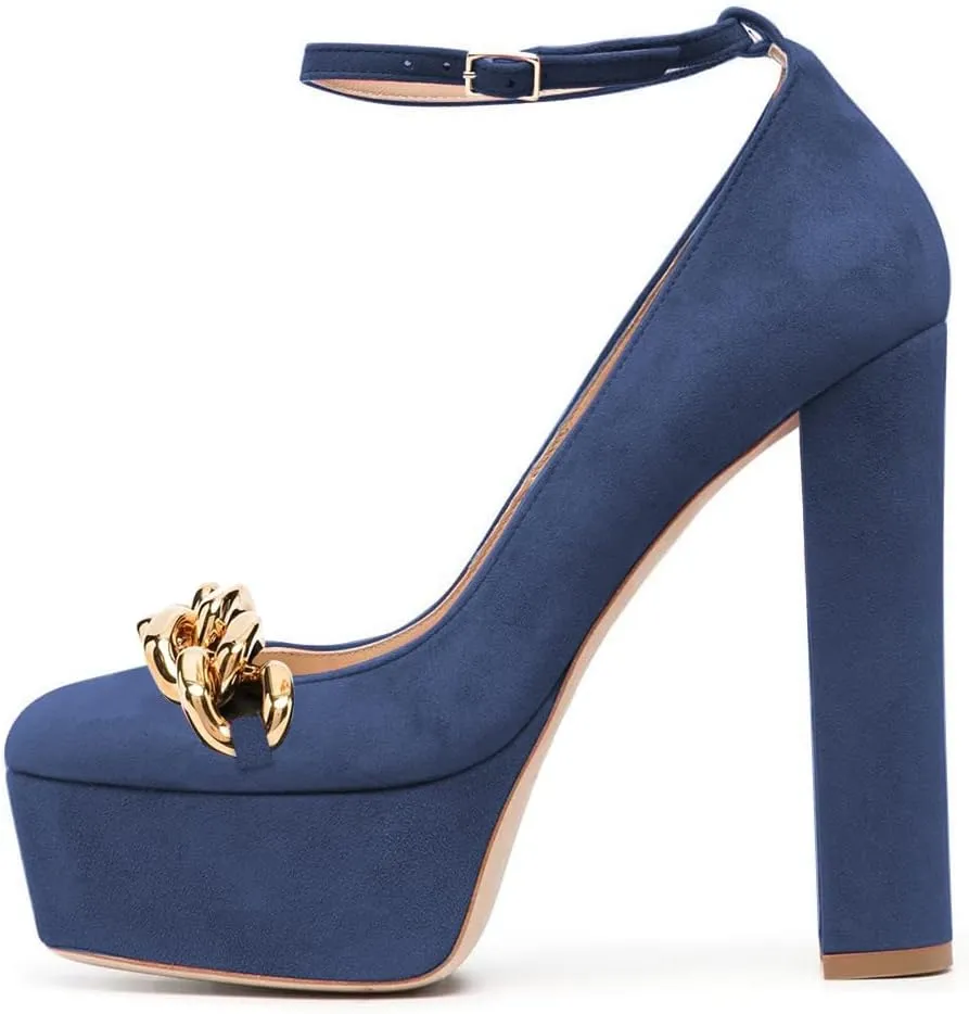 FYS Women Chain Platform Square Toe Pumps Ankle Strap Block Chunky High Heels Formal Wear Wedding Dance Shoes Size 4-15 US