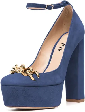 FYS Women Chain Platform Square Toe Pumps Ankle Strap Block Chunky High Heels Formal Wear Wedding Dance Shoes Size 4-15 US