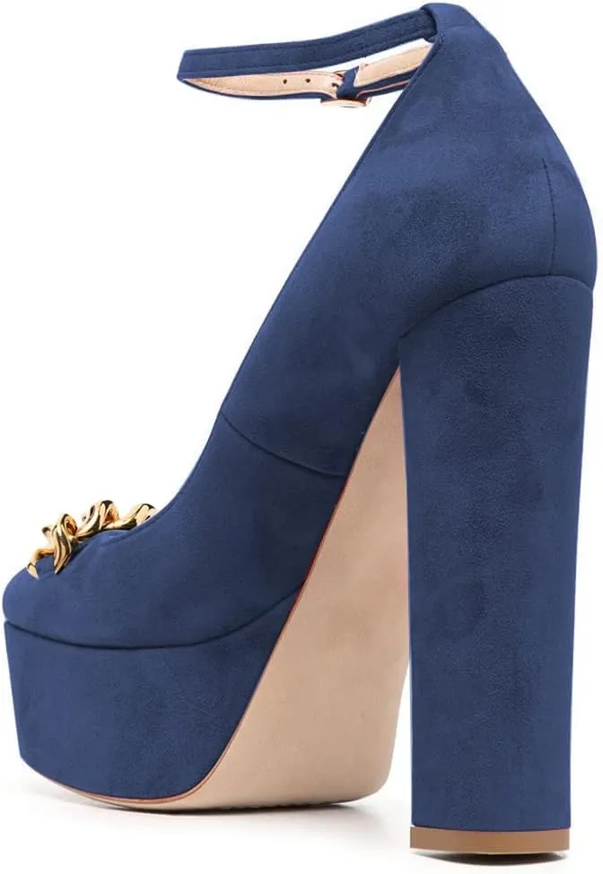 FYS Women Chain Platform Square Toe Pumps Ankle Strap Block Chunky High Heels Formal Wear Wedding Dance Shoes Size 4-15 US