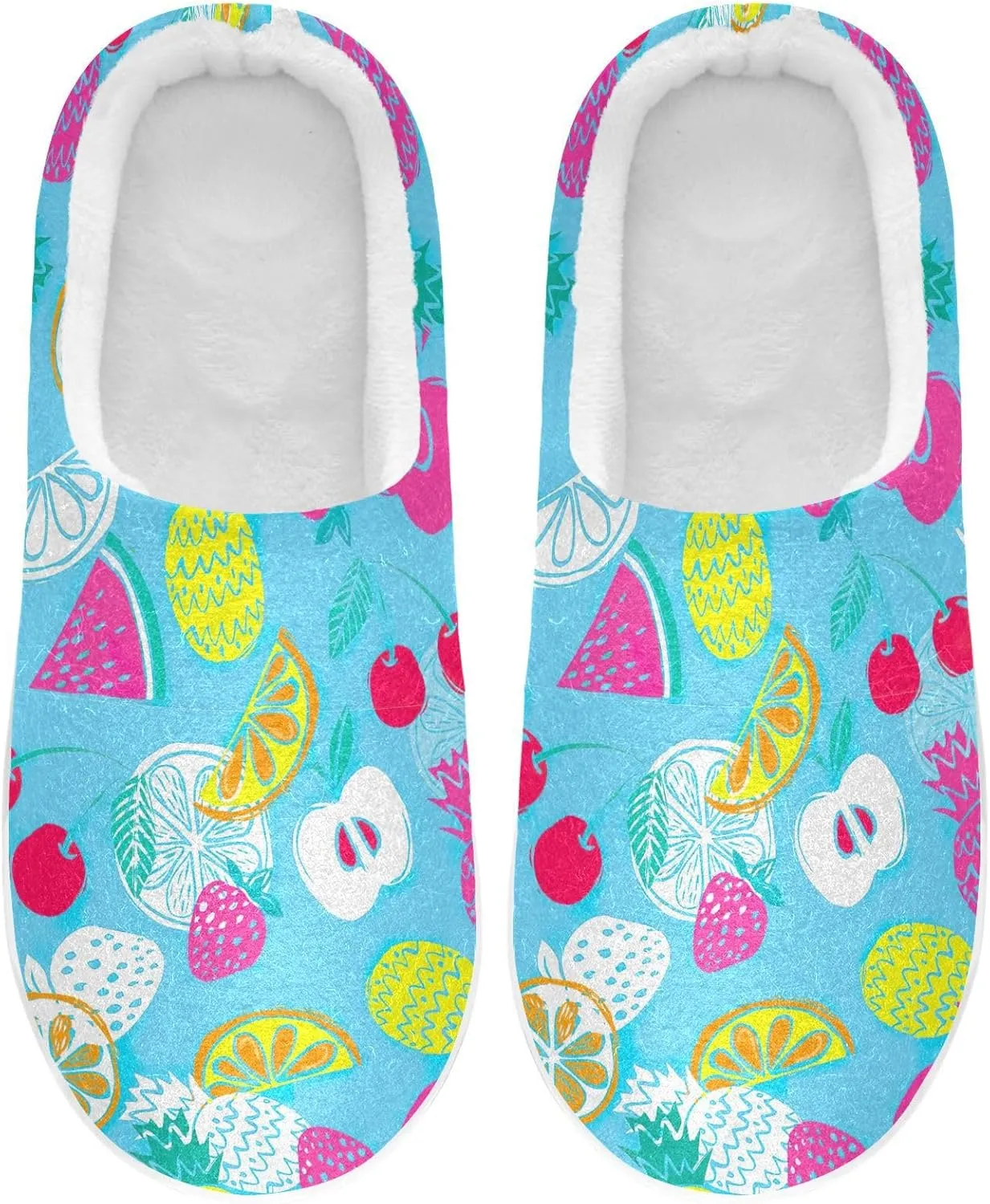 GAIGEO Cozy Slippers Summer Watermelon Lemon Pink, Lined Indoor/Outdoor Fuzzy House Shoes, Soft Slippers for Women