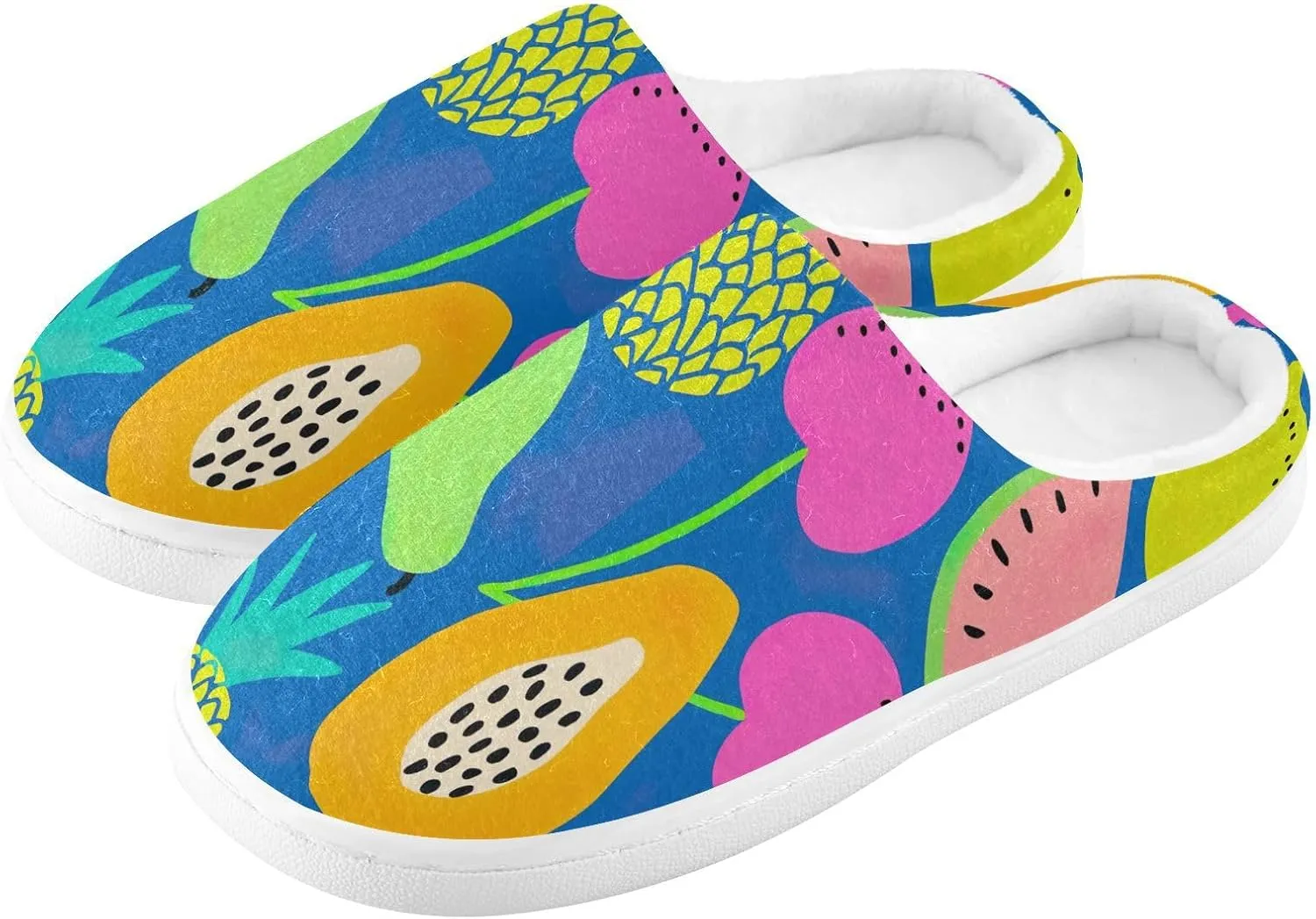 GAIGEO Cozy Slippers Summer Watermelon Lemon Pink, Lined Indoor/Outdoor Fuzzy House Shoes, Soft Slippers for Women
