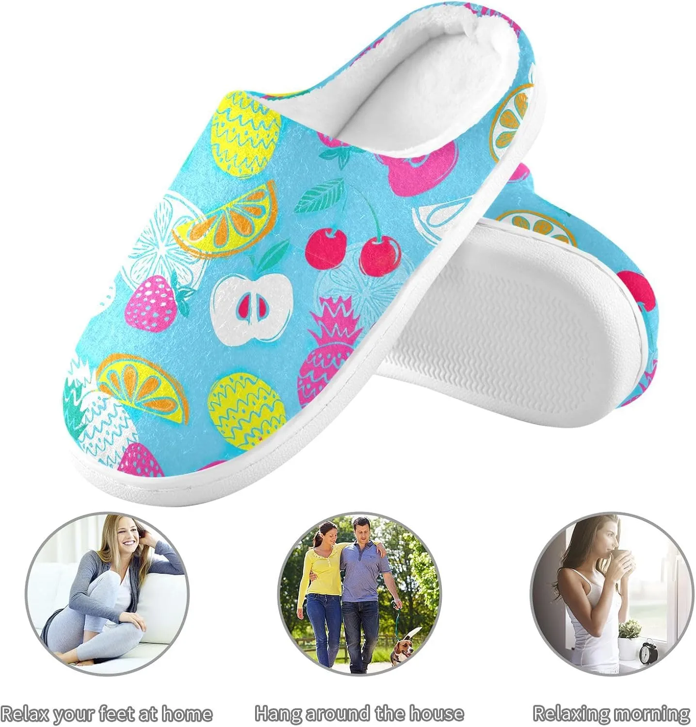GAIGEO Cozy Slippers Summer Watermelon Lemon Pink, Lined Indoor/Outdoor Fuzzy House Shoes, Soft Slippers for Women