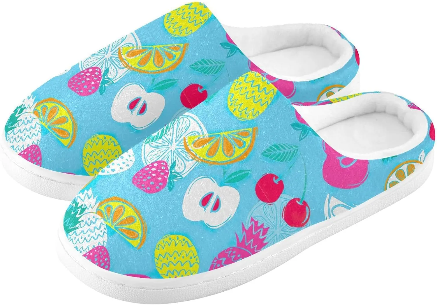 GAIGEO Cozy Slippers Summer Watermelon Lemon Pink, Lined Indoor/Outdoor Fuzzy House Shoes, Soft Slippers for Women