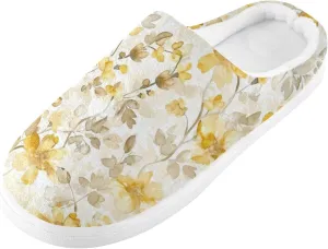 GAIGEO Woman Slippers Sweet Yellow Flower Watercolor, Memory Foam Slippers for Women for Indoor Bedroom, Warm Winter House Shoes