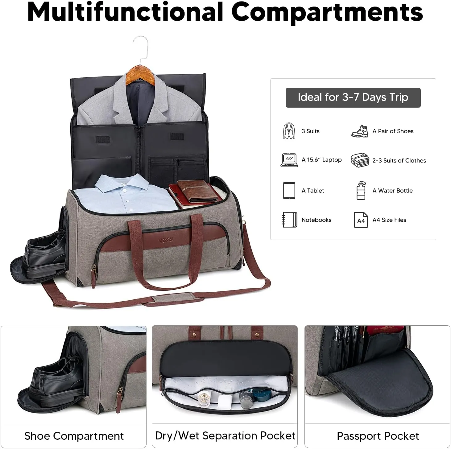 Garment Duffle Bag for Travel, Convertible Travel Garment Bags, Carry on Canvas Garment Duffle Bag for Men Women with Shoe Compartment - 2 in 1 Hanging Suitcase Suit Travel Bags