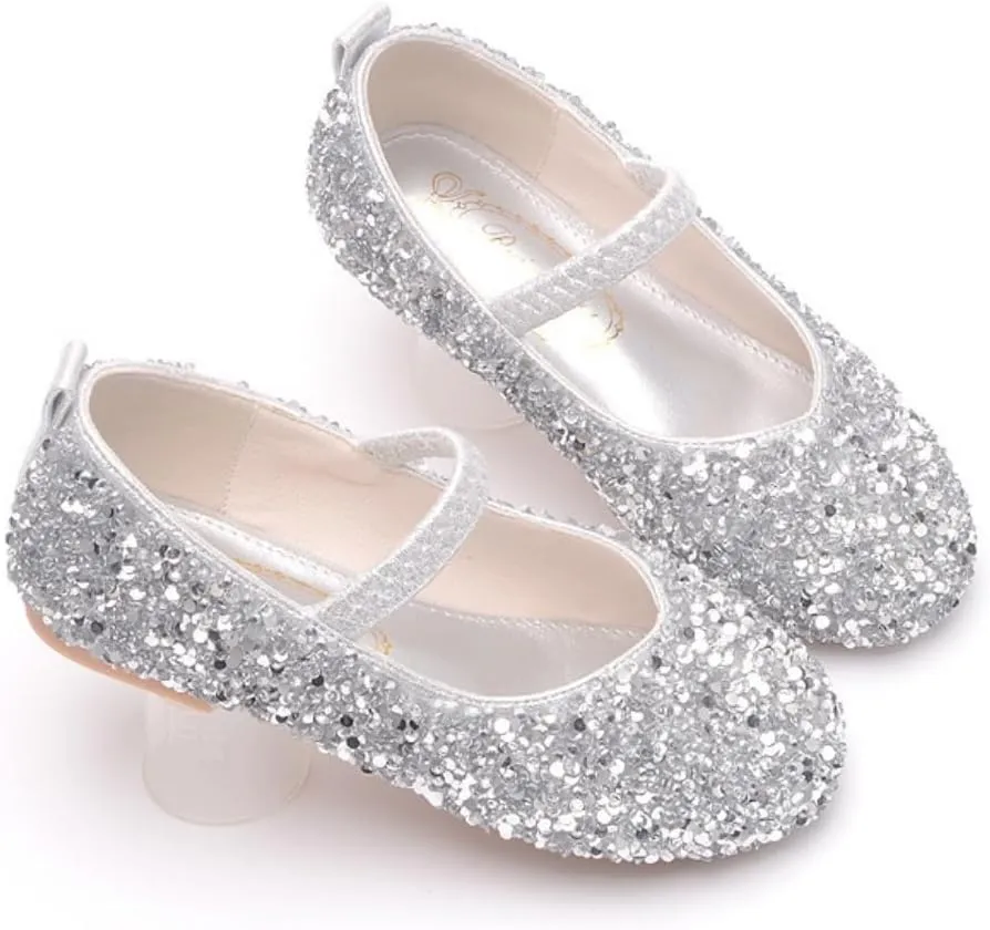 Girls Classic Slip on Mary Jane Ballet Flats Glitter Wedding Party Bridesmaids Flower Girl Princess Dress Shoes for Kid Toddler