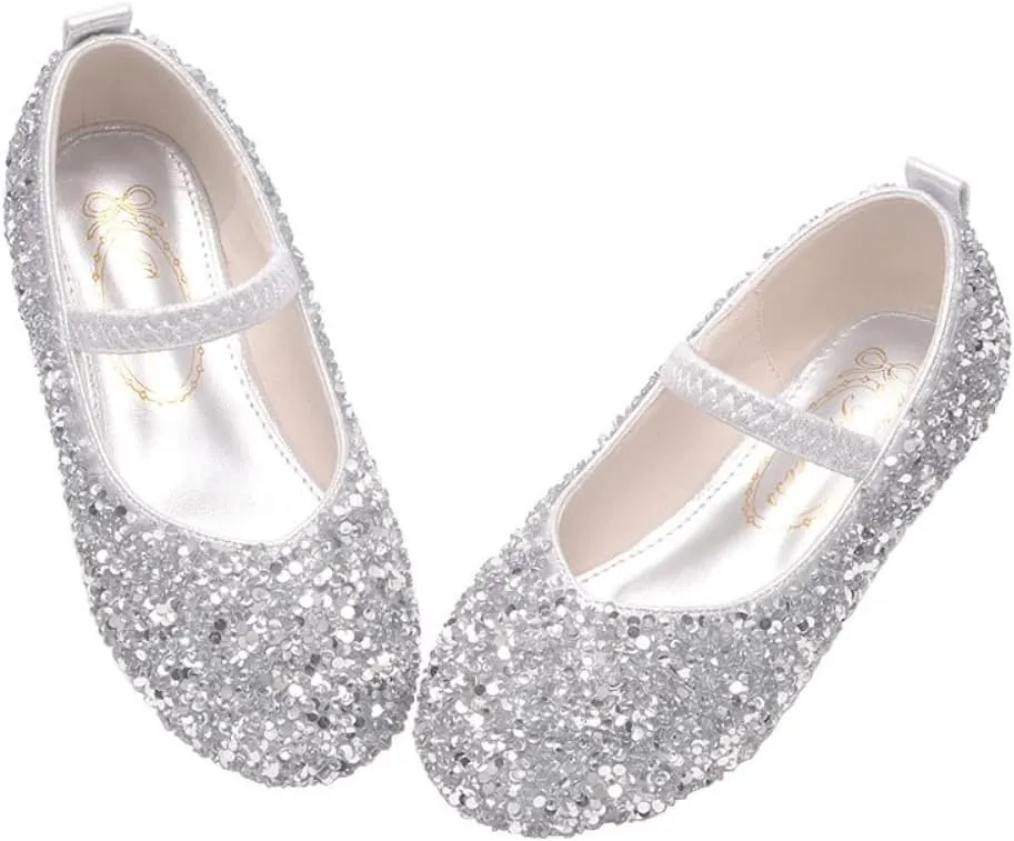 Girls Classic Slip on Mary Jane Ballet Flats Glitter Wedding Party Bridesmaids Flower Girl Princess Dress Shoes for Kid Toddler