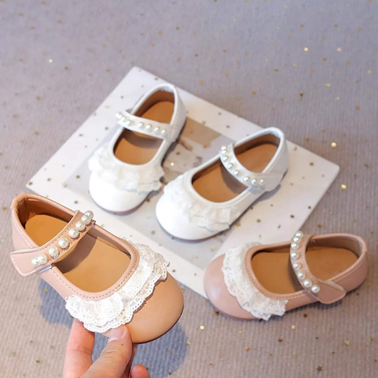 Girls Leather Lace Sandals Beaded Strap Closed Toe Mary Jane Shoes Toddler Kids Wedding Birthday Low Heel Sandals