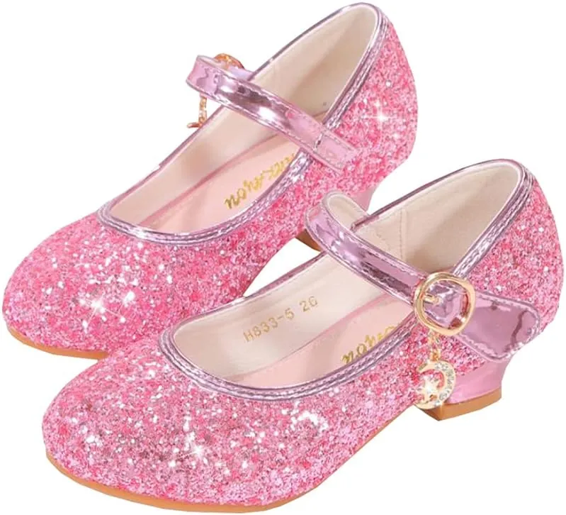 Girls Low Heels Princess Dress Shoes Glitter Sequins Mary Jane Party Wedding Shoes