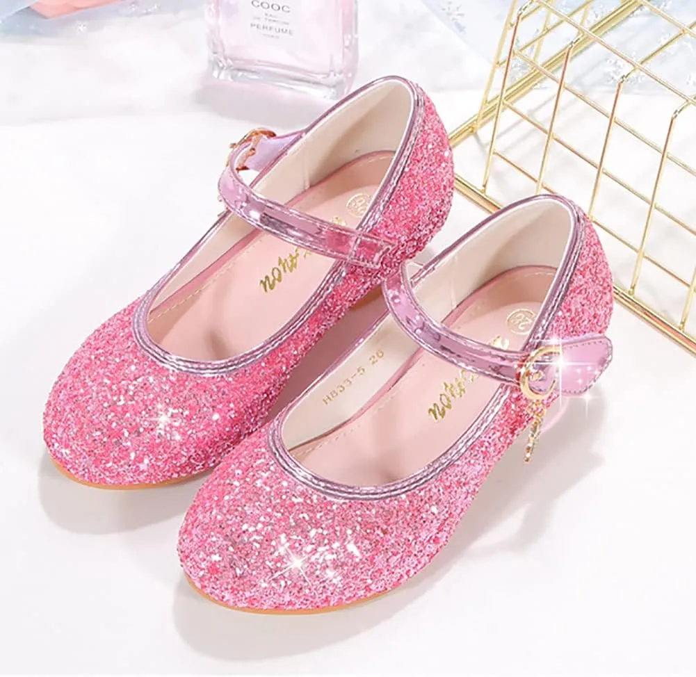 Girls Low Heels Princess Dress Shoes Glitter Sequins Mary Jane Party Wedding Shoes