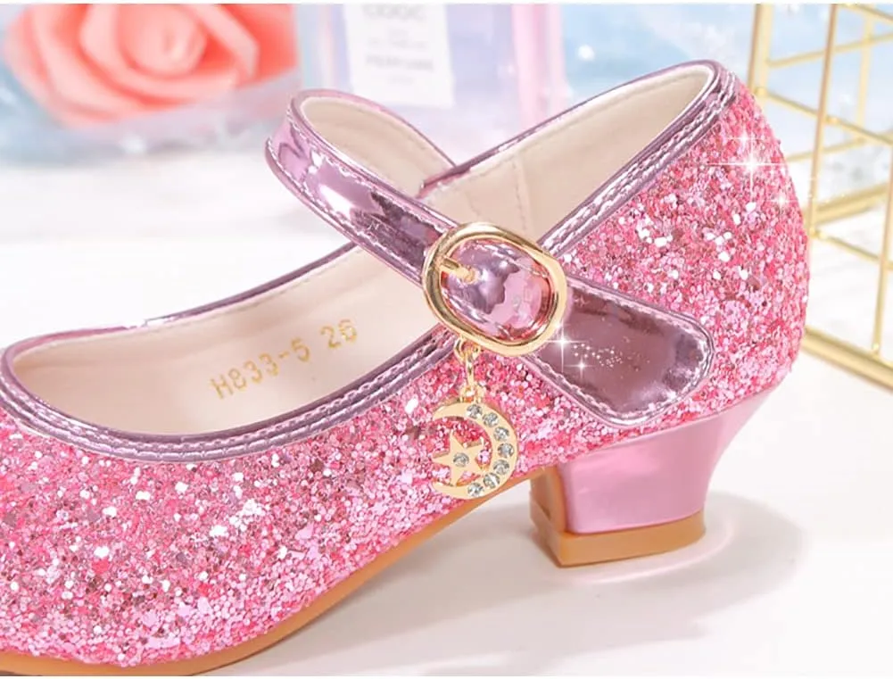 Girls Low Heels Princess Dress Shoes Glitter Sequins Mary Jane Party Wedding Shoes