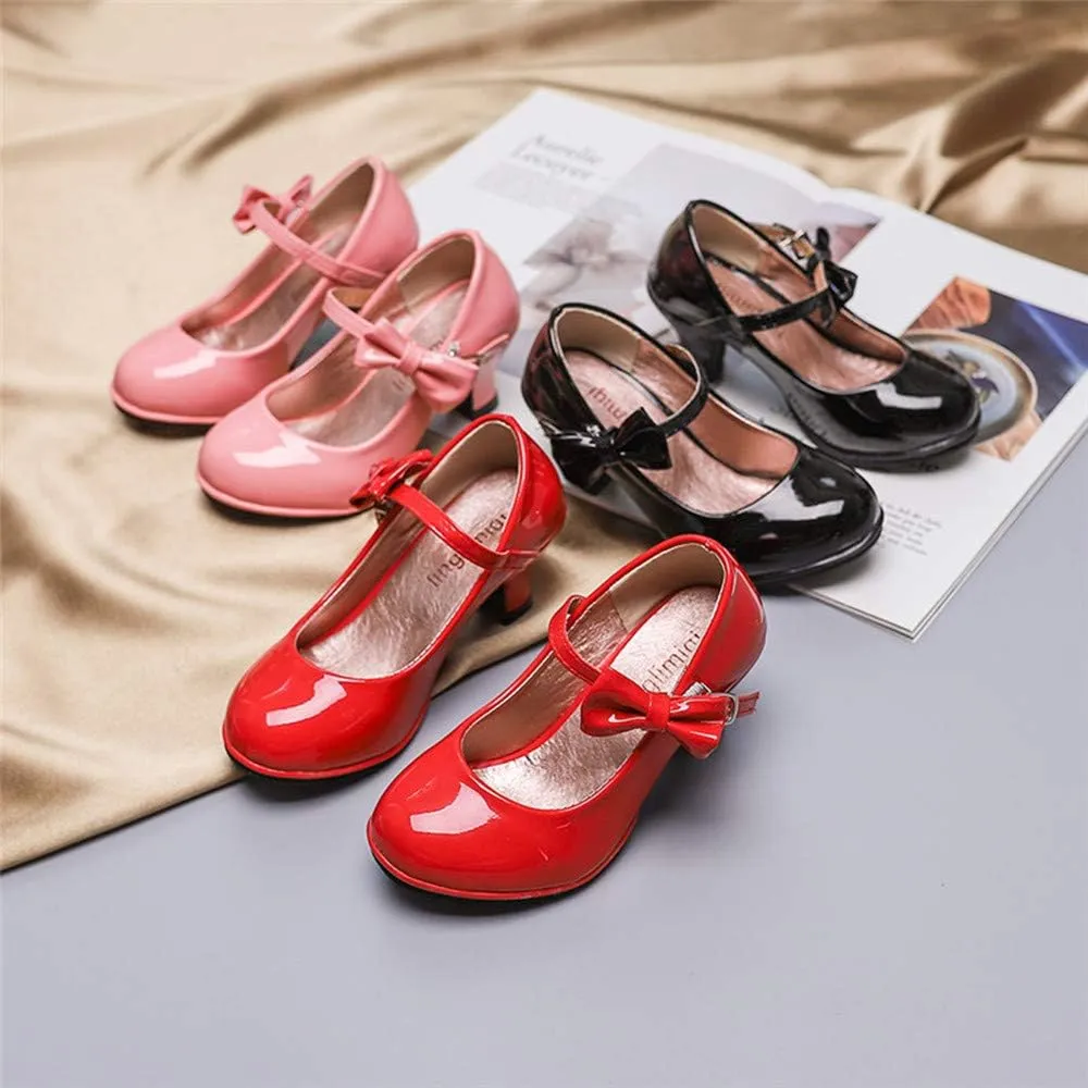 Girls PU Leather High Heel Shoes Bowknot Girls Dress Shoes