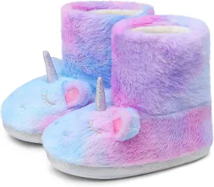 Girls Unicorn Bootie Slippers - Little Kids Cartoon House Slippers With Warm Plush Memory Foam