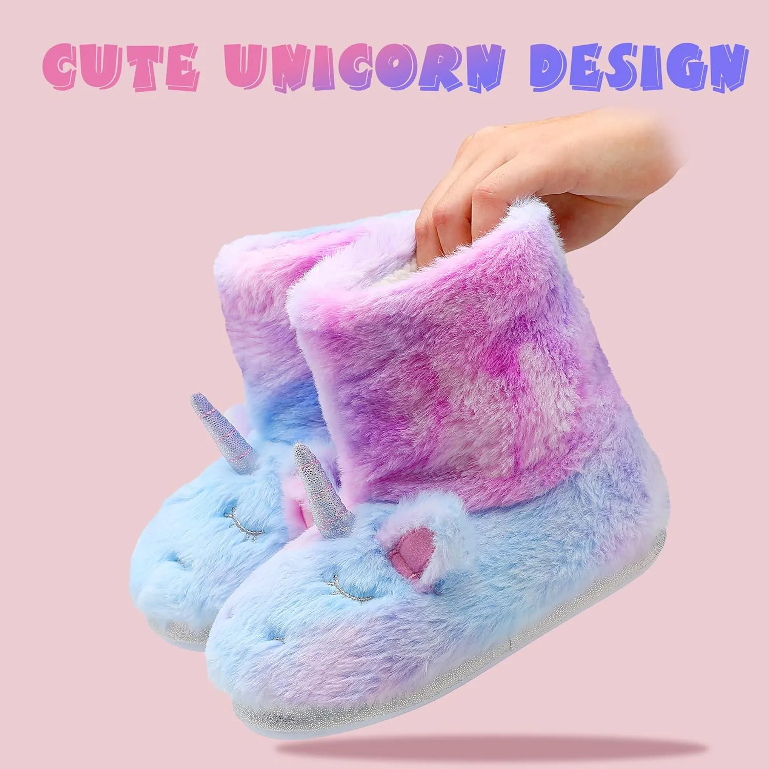 Girls Unicorn Bootie Slippers - Little Kids Cartoon House Slippers With Warm Plush Memory Foam