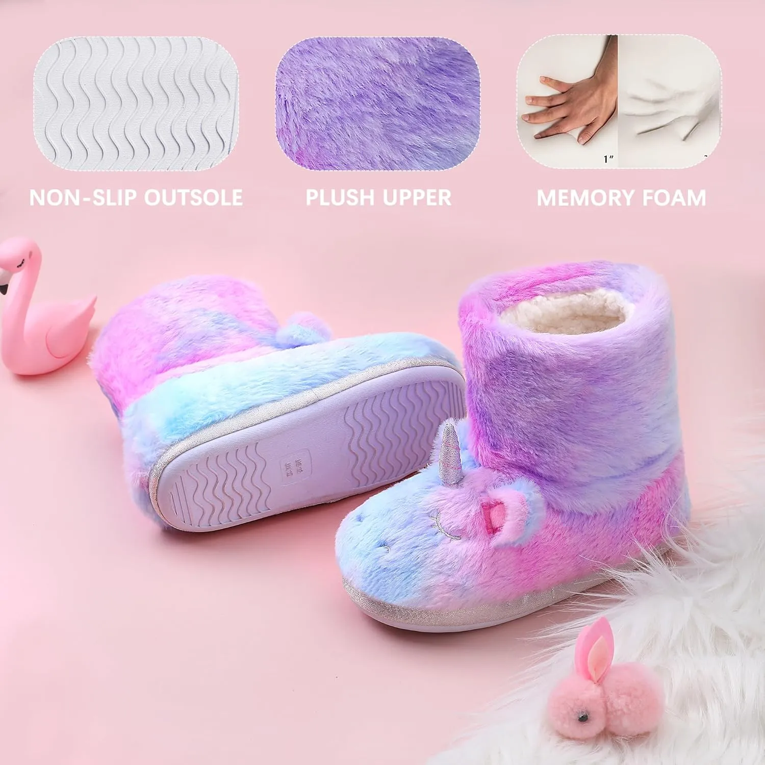 Girls Unicorn Bootie Slippers - Little Kids Cartoon House Slippers With Warm Plush Memory Foam