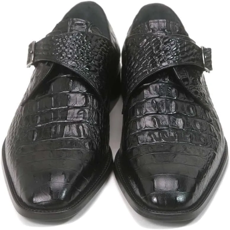 Golden Pass Crocodile Print Black Monk Buckle Leather Sole Men's Shoes