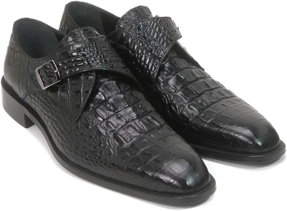 Golden Pass Crocodile Print Black Monk Buckle Leather Sole Men's Shoes