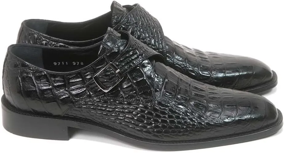 Golden Pass Crocodile Print Black Monk Buckle Leather Sole Men's Shoes