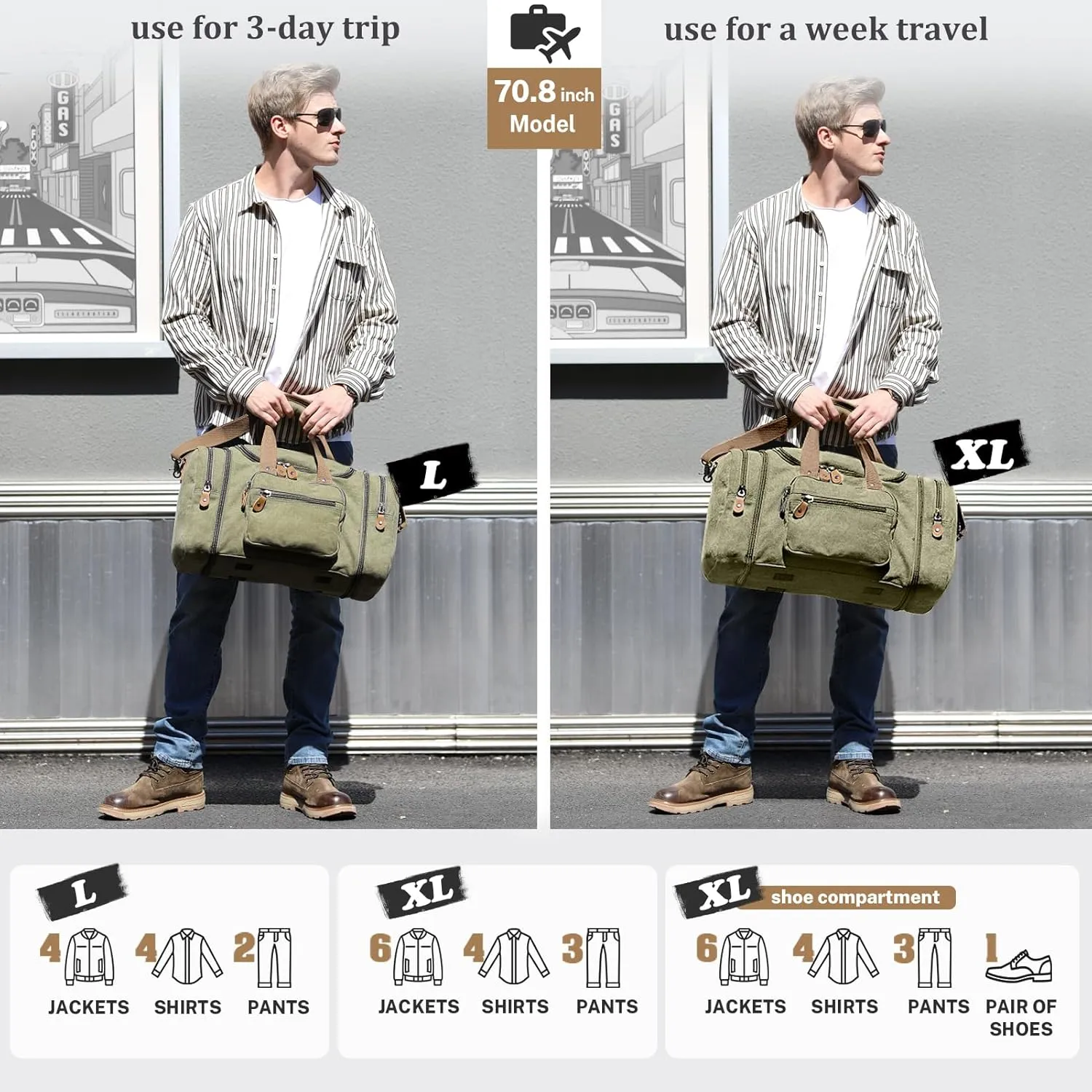 Gonex Canvas Duffle Bag for Travel 60L Duffel Overnight Weekender Bag (Army Green)