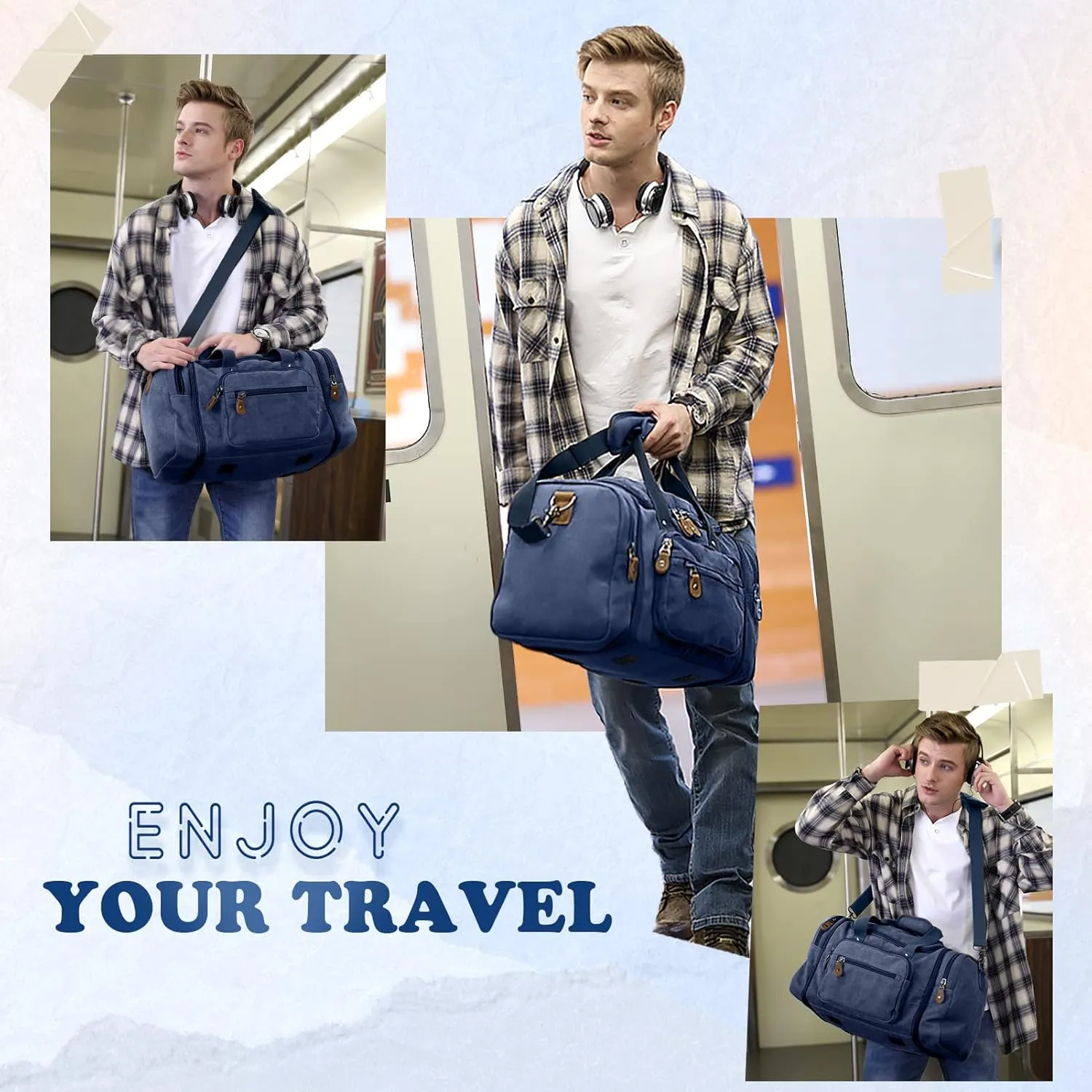 Gonex Canvas Duffle Bag for Travel 60L Expandable Duffel Weekend Overnight Bag men (Blue)