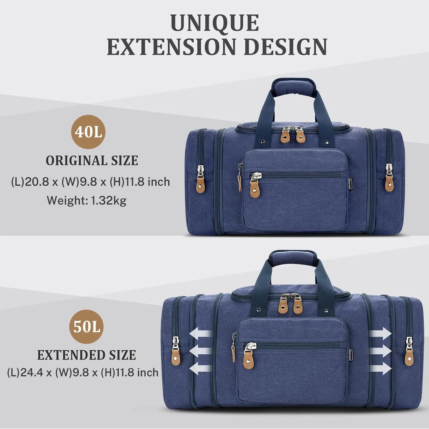 Gonex Canvas Duffle Bag for Travel 60L Expandable Duffel Weekend Overnight Bag men (Blue)