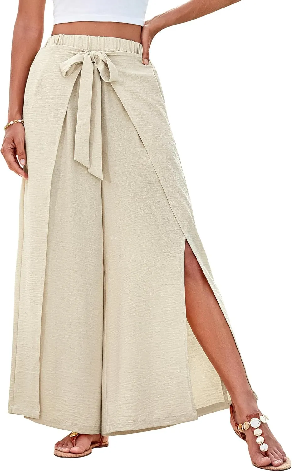 GRACE KARIN Women's Wide Leg Pants High Waisted Palazzo Beach Pants Tie Knot Summer Caual Split Flowy Trousers with Pockets