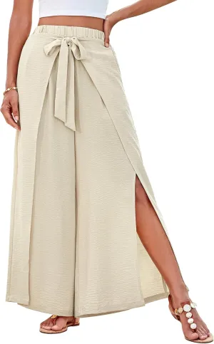 GRACE KARIN Women's Wide Leg Pants High Waisted Palazzo Beach Pants Tie Knot Summer Caual Split Flowy Trousers with Pockets