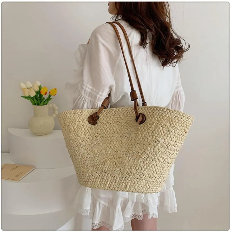 GRPKSSIB Women Straw Tote Bag Summer Beach Bags Luxury Handmade Shoulder Bag Woven Basket Handbags Large Straw Purses