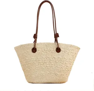 GRPKSSIB Women Straw Tote Bag Summer Beach Bags Luxury Handmade Shoulder Bag Woven Basket Handbags Large Straw Purses