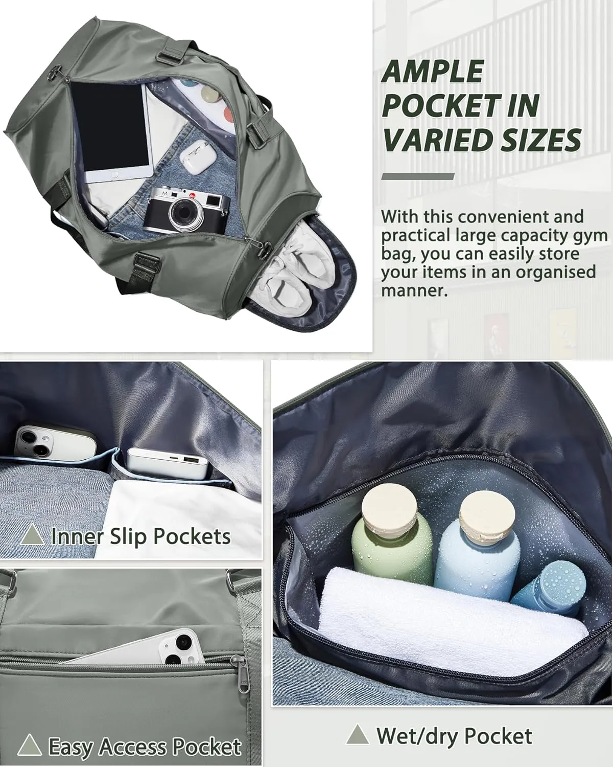 Gym Bag for Men Women with Shoe Compartment,Small Travel Duffle Bags for Traveling Overnight Weekender Personal Item Travel Bag Large Sport Workout Bag Dark Green