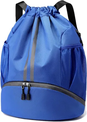 Gym Drawstring Backpack Large Basketball String Bag Workout Track Bag with Shoes Compartment and Dry Wet Separation Pocket(Light Blue)