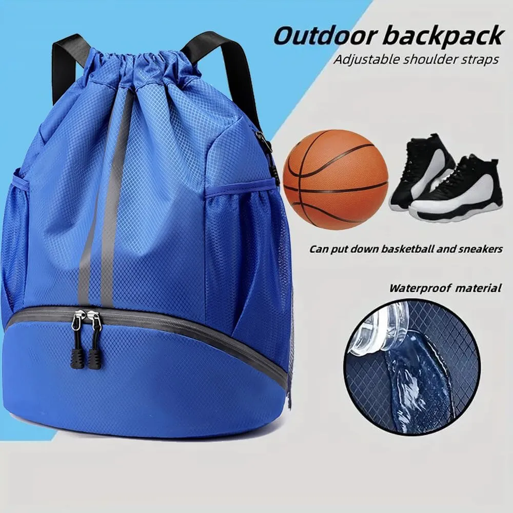 Gym Drawstring Backpack Large Basketball String Bag Workout Track Bag with Shoes Compartment and Dry Wet Separation Pocket(Light Blue)