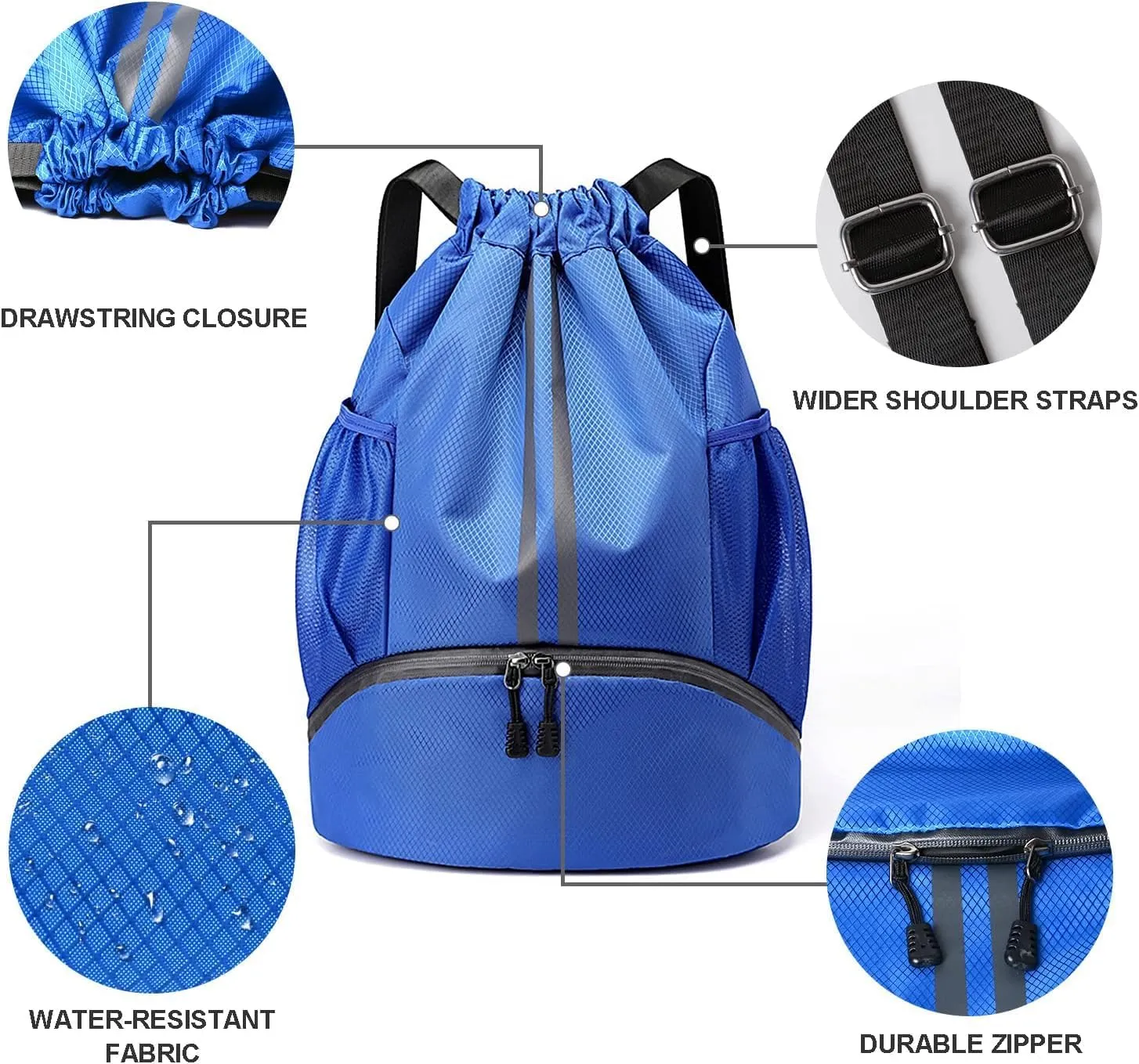 Gym Drawstring Backpack Large Basketball String Bag Workout Track Bag with Shoes Compartment and Dry Wet Separation Pocket(Light Blue)