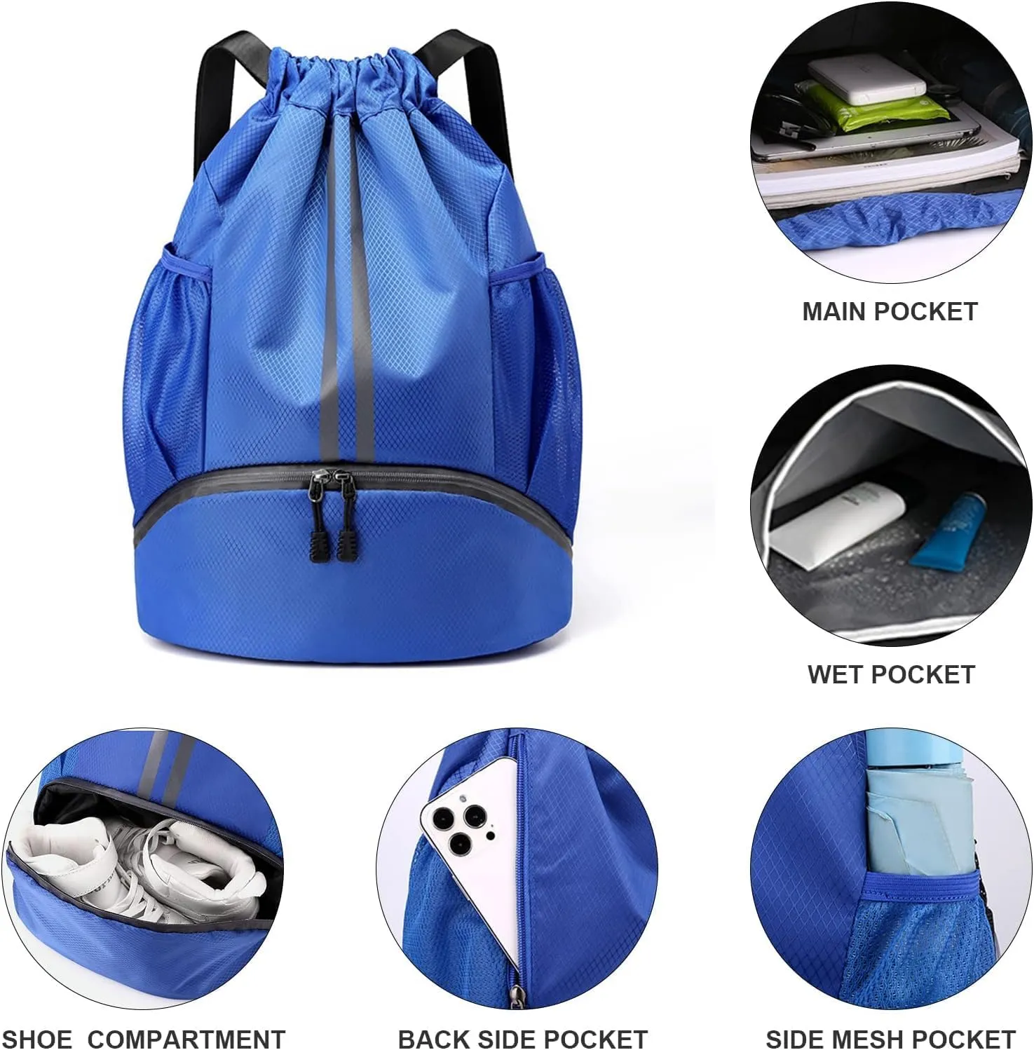 Gym Drawstring Backpack Large Basketball String Bag Workout Track Bag with Shoes Compartment and Dry Wet Separation Pocket(Light Blue)