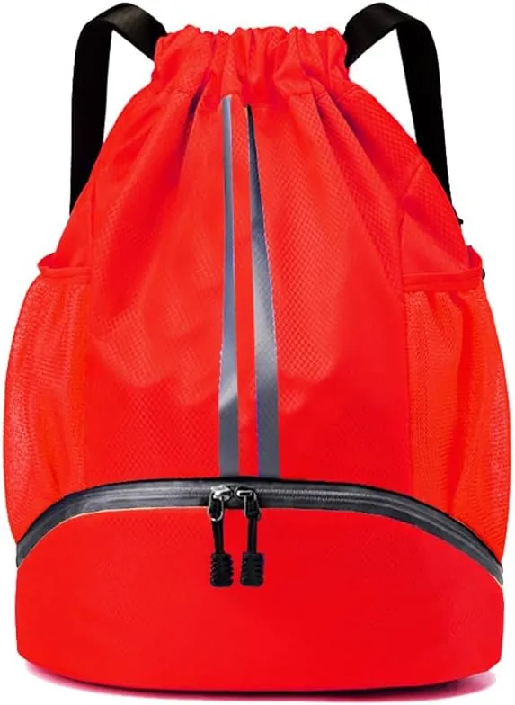 Gym Drawstring Bag Large Basketball Backpack Lightweight Outdoor Indoor Workout Track Bag with Dry/Wet Pockets, Shoes Compartment, Drawstring Top, Large Size(Red)