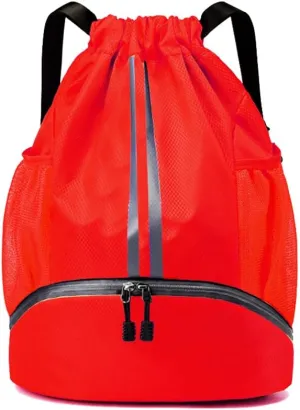Gym Drawstring Bag Large Basketball Backpack Lightweight Outdoor Indoor Workout Track Bag with Dry/Wet Pockets, Shoes Compartment, Drawstring Top, Large Size(Red)