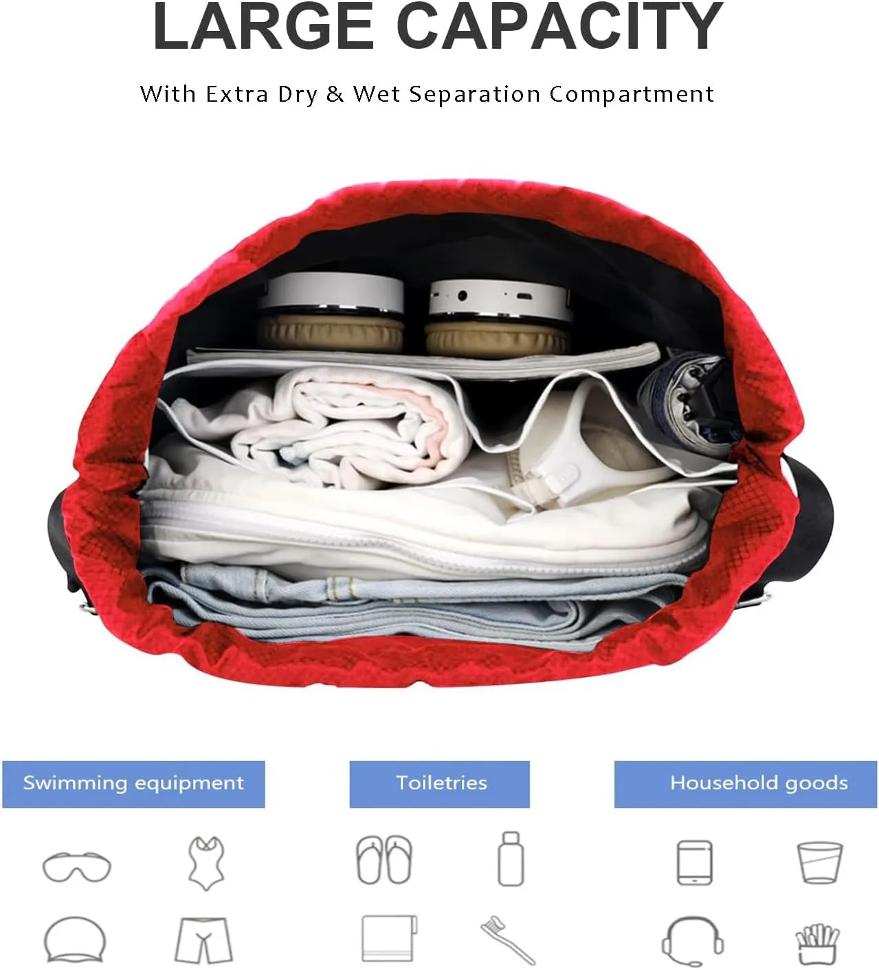 Gym Drawstring Bag Large Basketball Backpack Lightweight Outdoor Indoor Workout Track Bag with Dry/Wet Pockets, Shoes Compartment, Drawstring Top, Large Size(Red)