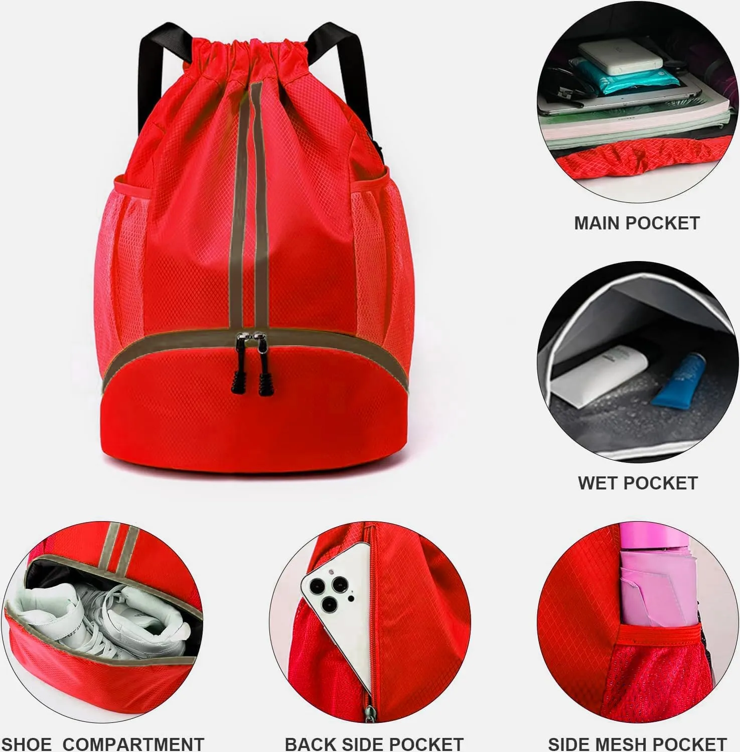 Gym Drawstring Bag Large Basketball Backpack Lightweight Outdoor Indoor Workout Track Bag with Dry/Wet Pockets, Shoes Compartment, Drawstring Top, Large Size(Red)
