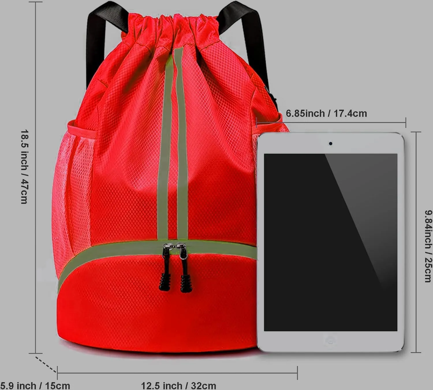 Gym Drawstring Bag Large Basketball Backpack Lightweight Outdoor Indoor Workout Track Bag with Dry/Wet Pockets, Shoes Compartment, Drawstring Top, Large Size(Red)