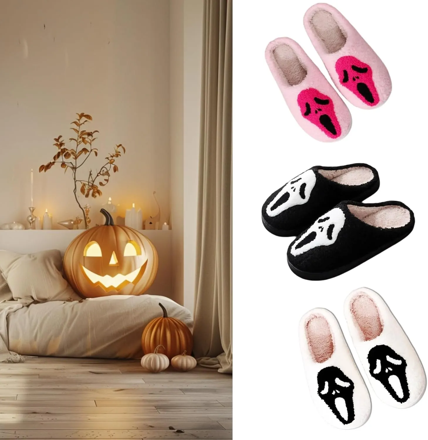Halloween Skull Scream Spooky Fuzzy Warm Slippers Ghost Face for Women and Men Holiday Season Indoor Bedroom Shoes